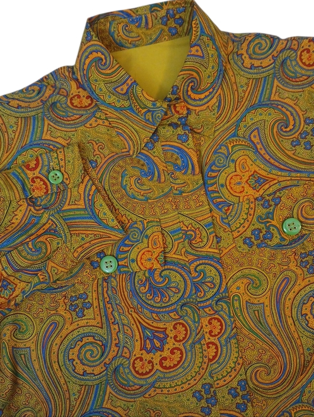 ALEXIS Paisley Print Green Button Vibrant Electic Puff Sleeve Blouse Womens/L